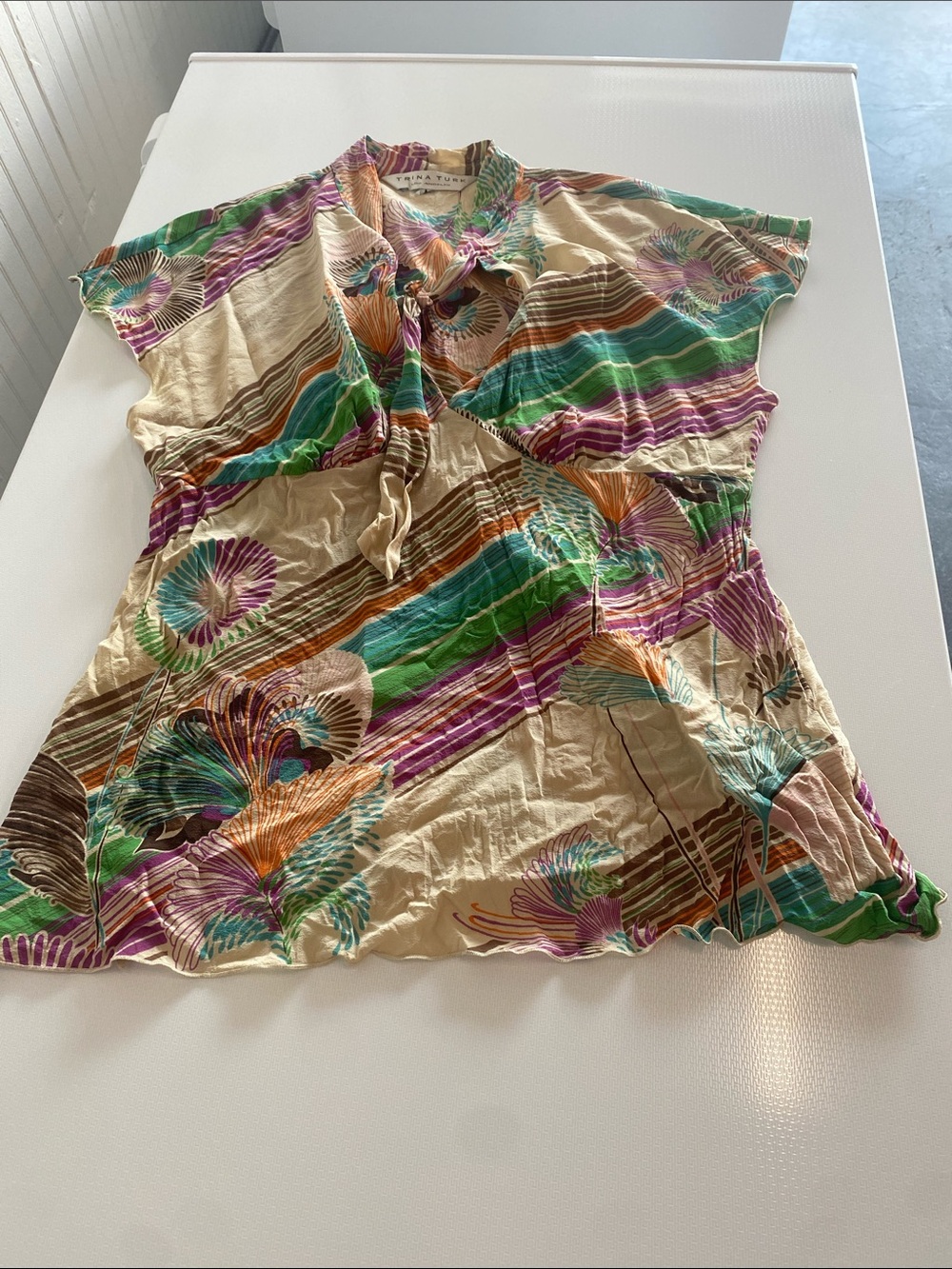 Trina Turk Cream Floral Stripe Tie-Front Blouse. Size medium. Great condition.